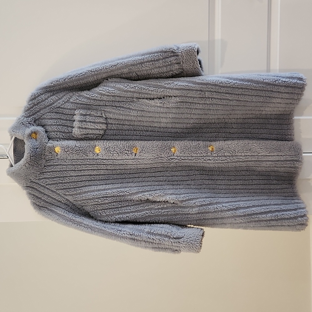 NWT 100% Wool Genuine Shearling Teddy Blue Ribbed Coat with Gold Buttons